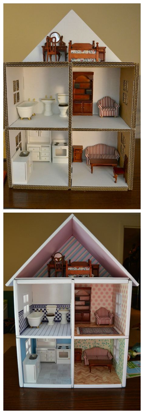 DIY dollhouse made from cardboard boxes Diy Box Crafts, Diy Karton, Cardboard Dollhouse, Carton Diy, Diy Barbie House, Diy Muebles Ideas, Cardboard Crafts Diy, Cardboard Toys, Diy Barbie Furniture