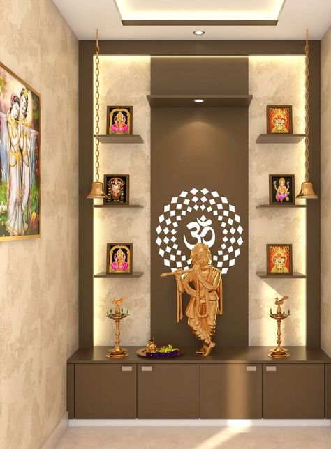 Contemporary Pooja Room Pooja Door Design, Shelves Design, Wall Shelving, Temple Design For Home, Interior Design Your Home, Hall Interior Design, Pooja Room Door Design, Shelving Ideas, Pooja Room Design