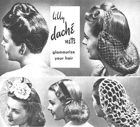 28 Pictures of Vintage Hair Snoods (that will make you want to wear a snood tomorrow) | Bobby Pin Blog / Vintage hair and makeup tips and tutorials Hat Ads, Vintage Hair And Makeup, Cabelo Pin Up, 1940s Hair, Idda Van Munster, Forties Fashion, Retro Updo, Historical Hairstyles, Vintage Hairstyle