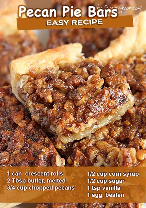 Pecan pie in a bite size bar! Crescent roll dough makes this pecan bar recipe simple and quick to prepare. Easy Pecan Pie Bars, Crescent Roll Recipes Dessert, Pecan Desserts Recipes, Pecan Bars Recipe, Pecan Pie Bars Easy, Easy Pecan Pie, Pecan Desserts, Pecan Pie Easy, Pie Bar Recipes