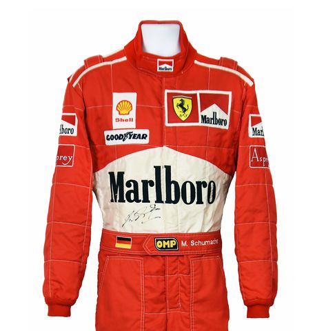 1997 Michael Schumacher Signed Race Used Australian Grand Prix Ferrari F1 Suit Ferrari Suit, F1 Suit, Goodyear Logo, F1 Uniform, Racing Uniform, 1940s Mens Fashion, Ferrari Vintage, Vintage Racing Poster, Race Suit