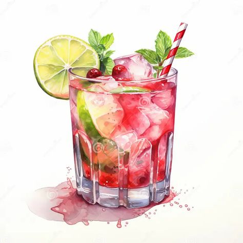 Cocktail Drawing Illustration, Cranberry Watercolor, Cocktail Art Illustration, Cranberry Illustration, Watercolour Cocktails, Food Watercolor Illustration, Drinks Watercolor, Olive Illustration, Cocktail Drawing