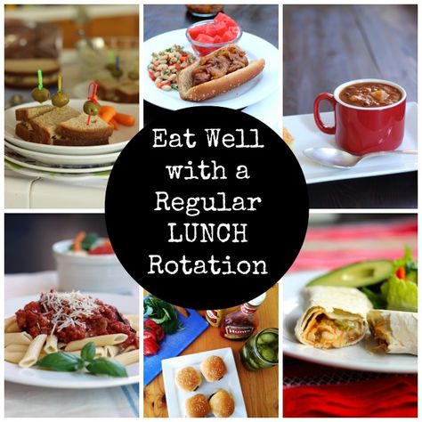 Eat Well with a Regular Lunch Rotation - Planning a regular rotation of lunch items can make meal planning and prep loads easier. Lunch Rotation, Monthly Meals, Great Lunch Ideas, Lunch Planning, Lunch Items, Packed Lunches, Kitchen Help, Food Time, Whats For Lunch