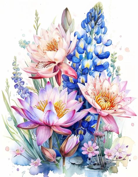 Midjourney AI Image: beautiful arangement of Water Lily and Larkspur watercolor --ar 7:9 → more in ai-img-gen.com Larkspur Painting, Larkspur Watercolor, Watercolor Ar, Larkspur Flower, Lily Bloom, Vibrant Watercolor, A Bouquet Of Flowers, Pink Blossom, Bouquet Of Flowers