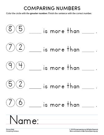 Let's get comparing! Challenge your students to put their number sense to work with this comparison worksheet. For each pair of numbers, students color the circle with the greater number and then finish the sentence. Printing options: black lines. Comparing Numbers Kindergarten, Comparison Worksheet, Comparing Numbers Worksheet, Finish The Sentence, Number Worksheets Kindergarten, Worksheets For Class 1, Number Value, Counting To 100, Counting For Kids