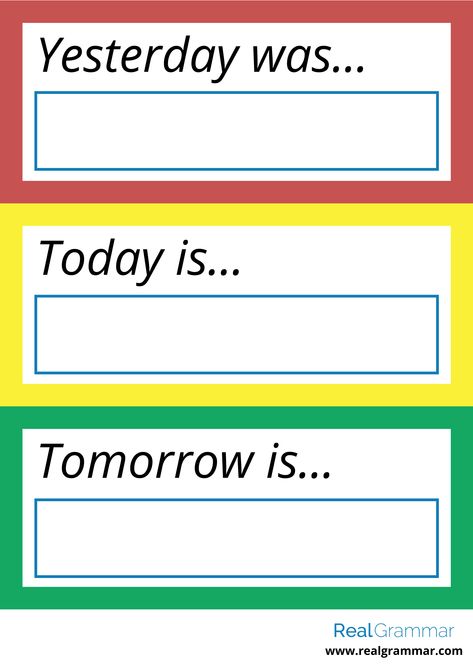 https://www.realgrammar.com/wp-content/uploads/2018/11/yesterday-today-tomorrow-1.gif Days In School Chart, Days Name Chart For Kids, Day 1, Who Is At School Today Chart, Today Yesterday Tomorrow Activities, Today Tomorrow Yesterday, Yesterday Today Tomorrow, Today Tomorrow Yesterday Worksheet, Time Games For Kids