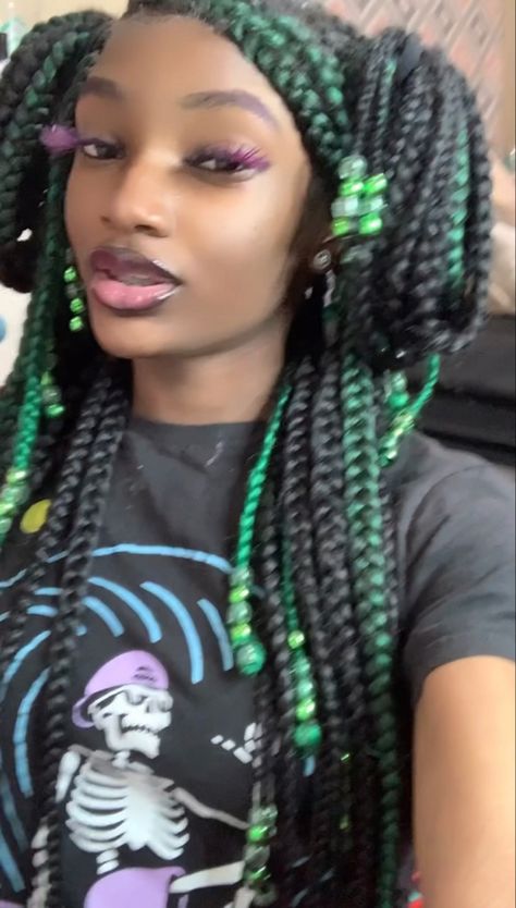 Knotless Braids Green, Green Braided Hairstyles, Green Box Braids With Beads, Short Knot Less Braids With Beads, Green And Black Knotless Braids With Beads, Green And Black Braids With Beads, Knotless Box Braids Green, Green Peekaboo Braids With Beads, Dark Green Peekaboo Braids