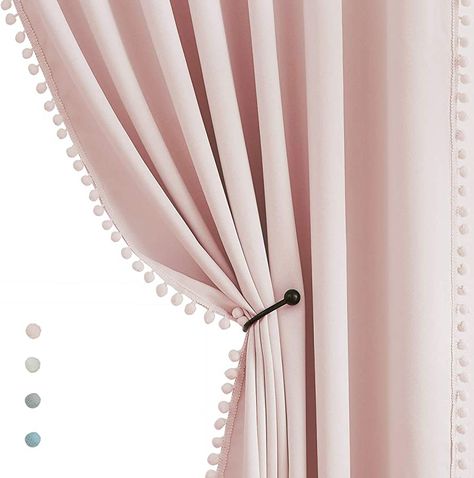 Short Window Curtains, Pom Pom Curtains, Pink Blackout Curtains, Ideas Habitaciones, Window Curtains Bedroom, Pink Girl Room, Bedroom Pink, Pink Curtains, Nursery Curtains