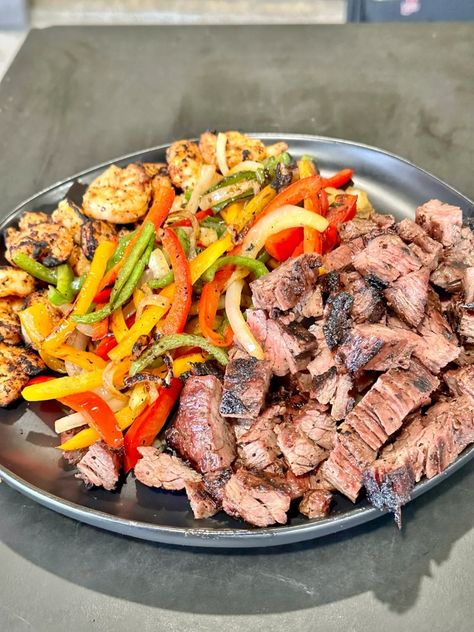 Bourbon Steak and Shrimp Fajitas - Grill Nation - Recipes, Grills and Grilling Products Bourbon Shrimp, Grill Nation, Bourbon Steak, Shrimp Marinade, Grilling Ideas, Shrimp Fajitas, Steak And Shrimp, Juicy Shrimp, Grilled Meats