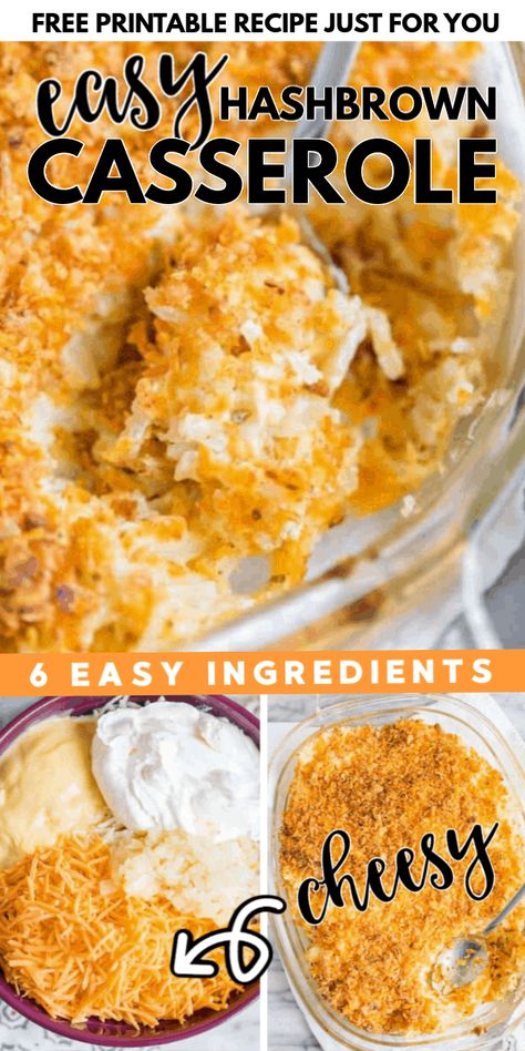 This easy cheesy Hashbrown Casserole is easy to make and goes perfectly with breakfast, lunch, or dinner! Add a protein and you have a complete meal. Hashbrown Augratin Potatoes, Hashbrown Casserole For Two, Cheesy Baked Hashbrowns, Hashbrown Casserole Cream Of Chicken, Easy Cheesy Casserole Recipes, Easy Breakfast Ideas Hashbrowns, Baked Cheesy Hashbrown Casserole, Quick Hashbrown Casserole, Easy Hashbrown Casserole Simple