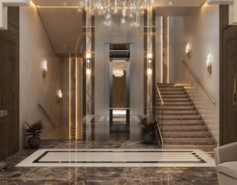 Stairs and entrance design in Kuwait City on Behance Building Entrance Design, Girls Bathroom Design, Lift Lobby Design, Elevator Lobby Design, Elevator Interior, Staircase Design Modern, Stair Lift, Lobby Interior Design, Elevator Design