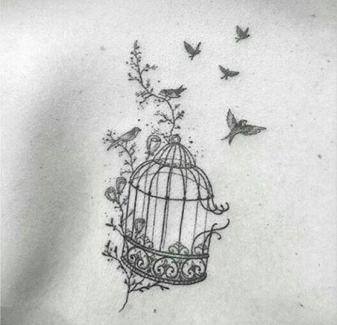 Fine Line Bird Cage Tattoo, Butterfly Cage Tattoo, Birdcage Tattoo Design, Birds Flying Out Of Cage Tattoo, Bird Leaving Cage Tattoo, Bird Cage Tattoos For Women, Bird Out Of Cage Tattoo, Bird In Cage Tattoo, Open Cage Tattoo