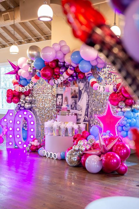 Taylor Swift Birthday Party Ideas | Photo 11 of 34 | Catch My Party Superstar Birthday Party Ideas, Tailor Swift Birthday Party, Taylor Swift Quinceañera, Taylor Swift Birthday Party Aesthetic, Taylor Swift Backdrop Ideas, Taylor Swift Birthday Theme Party, Taylor Swift Backdrop Party, Taylor Swift Pool Birthday Party Ideas, Taylor Swift Eras Balloon Arch