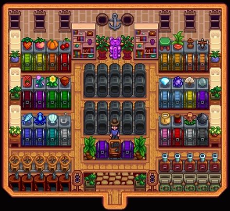 aesthetic stardew interior storage shed inspiration for endgame Shed Inspiration, Stardew Farms, Big Sheds, Stardew Valley Layout, Stardew Valley Tips, Stardew Valley Farms, Valley Game, Stardew Valley Fanart, Farm Layout