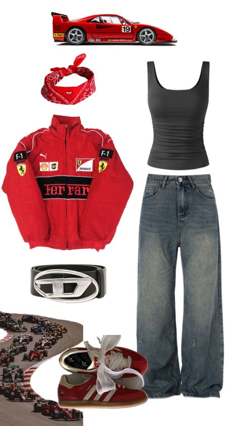 Ferrari jacket. Baggy jeans. Formula 1. Racer girls. Tom boy. Masculine Racer Jacket Outfit Women, Ferrari Jacket Outfit, Racer Jacket Outfit, Scorpio Rising, Ferrari Jacket, Race Outfit, Aries And Scorpio, Tom Boy, Jacket Outfit Women