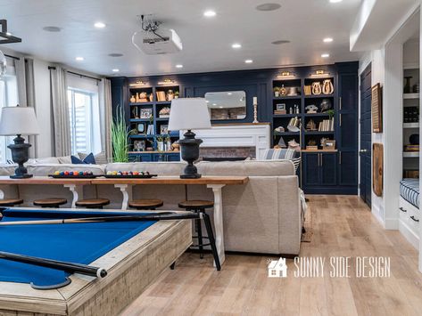 Navy Blue Built Ins, Navy Blue Basement, Family Room With Pool Table, Basement Pool Table Room, Blue Built Ins, Basement Pool Table, Teen Lounge Rooms, Hangout Room Ideas, Basement Family Room Ideas