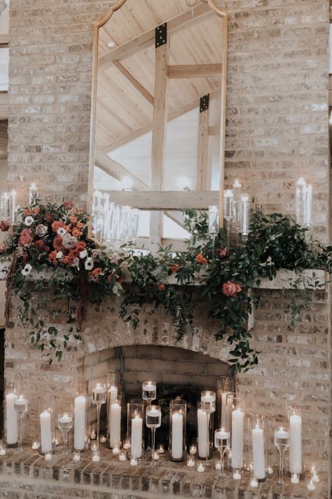 Mantle With Candles, Wedding Fireplace Mantle, Wedding Fireplace Decorations, Mantle Greenery, Ceremony Decorations Indoor, Wedding Mantle, Mantle Candles, Wedding Fireplace, Candles In Fireplace