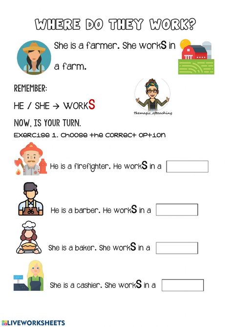 Jobs and workplaces interactive and downloadable worksheet. You can do the exercises online or download the worksheet as pdf. Jobs And Places Of Work Worksheet, Jobs And Places Worksheets, Kindergarden Worksheet, English Excercise, Simple Past Tense Worksheet, Nouns And Verbs Worksheets, Tense Worksheet, Past Tense Worksheet, English Worksheets For Kindergarten