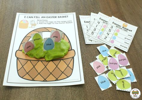 For a fun twist add green play dough for Easter Grass and stick the Easter egg cards in them standing up! Buy this $2 Easter Basket Math Recipe Cards in the #prekprintablefun shop! Easter Story Sensory Bin, Easter Large Motor Preschool, Spring Playdough Mats Free Printables, Easter Grass Sensory Bin, Easter Rice Sensory Bin, Printable Easter Activities, Spring Preschool Activities, Green Play, Countdown Sign