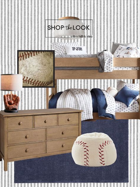 Check out this latest youth boy bedroom inspo! Navy blue & gray palette sets the vibe. Weathered ball art adds character, paired with a baseball bean bag chair & mitt table lamp. Bunk bed for space & style. Creating the perfect transition room for your not-so-little guy! Follow my shop @OliveHillandVine on the @shop.LTK app to shop this post! Blue Gray Palette, Bunk Bed Boys Room, Boys Baseball Bedroom, Bunk Bedroom, Sports Room Boys, Boys Room Blue, Big Kid Bedroom, Gray Palette, Bunk Beds Boys