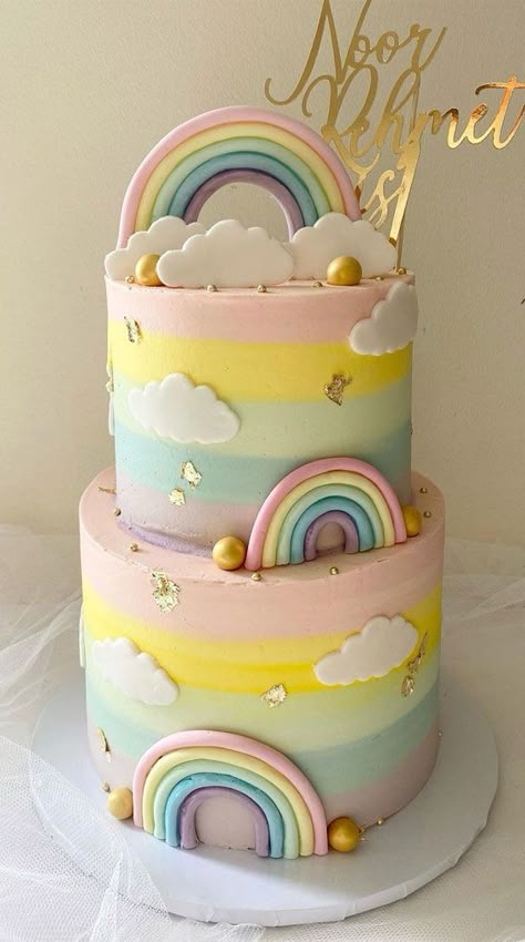 Two Tier Pastel Rainbow Cake, First Birthday Cake Pastel Colors, Pastel Cake Ideas Birthday Parties, Pastel Rainbow Birthday Cake 2 Tier, Birthday Cake Rainbow Pastel, Rainbow On Cake, Rainbow Theme Cake 1st Birthdays, 2 Tier Rainbow Cake, Pastel Rainbow Unicorn Cake