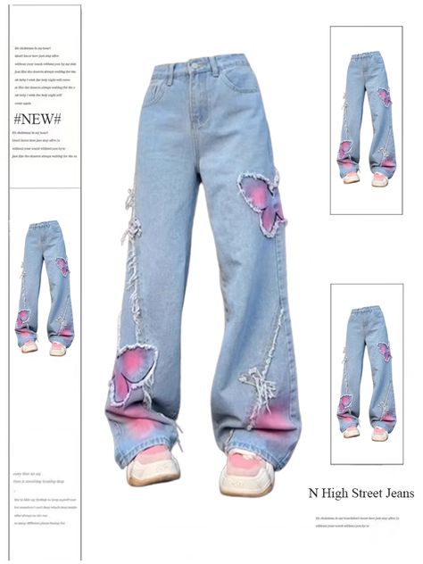 Women's Blue Butterfly Jeans Baggy Vintage Y2k Denim Trousers 2000s Harajuku Wide Leg Cowboy Pants Baggy Jeans 90s, Butterfly Jeans, Clothes Material, Trashy Outfits, Cowboy Pants, Dream Items, Y2k Denim, Streetwear Chic, 2000s Clothes