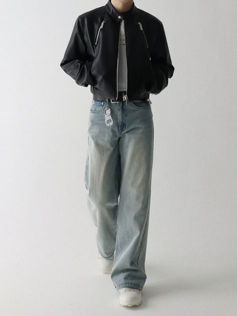 Cropped Faux Leather Zipped Jacket | Streets of Seoul | Men's Korean Style Fashion Leather Racer Jacket, Streets Of Seoul, Classy Outfits Men, Racer Jacket, Street Style Outfits Men, Mens Casual Dress Outfits, Guys Clothing Styles, Cool Outfits For Men, Men's Korean Style