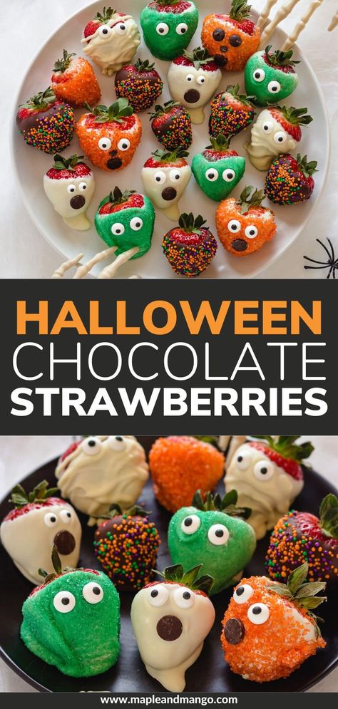 Easy Halloween Chocolate Covered Strawberries! These spooky Halloween Strawberries are a fun and cute Halloween themed dessert or treat that everyone will love! After all, who can resist strawberries dipped in chocolate?! Just 3 ingredients and super easy to make! | www.mapleandmango.com Halloween Themed Dessert, Halloween Strawberries, Halloween Chocolate Covered Strawberries, Strawberries Dipped In Chocolate, Strawberry Halloween, Halloween Themed Desserts, Halloween Deserts, Halloween Food Dinner, Halloween Themed Food