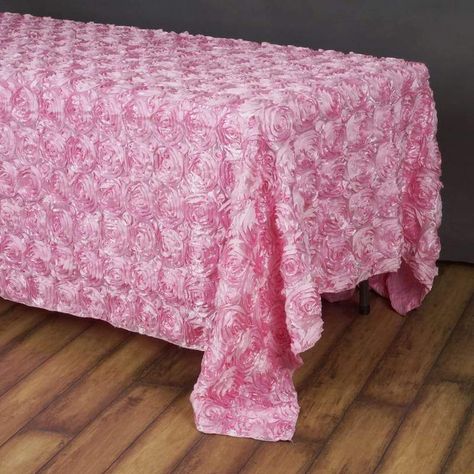 90" x 156" Pink Grandiose Rosette 3D Satin Rectangle Tablecloth Rosette Tablecloth, 3d Rectangle, Pink Tablecloth, Pink Wedding Decorations, Satin Ribbon Roses, Stained Table, Wedding Tablecloths, Paradise Garden, Table Overlays