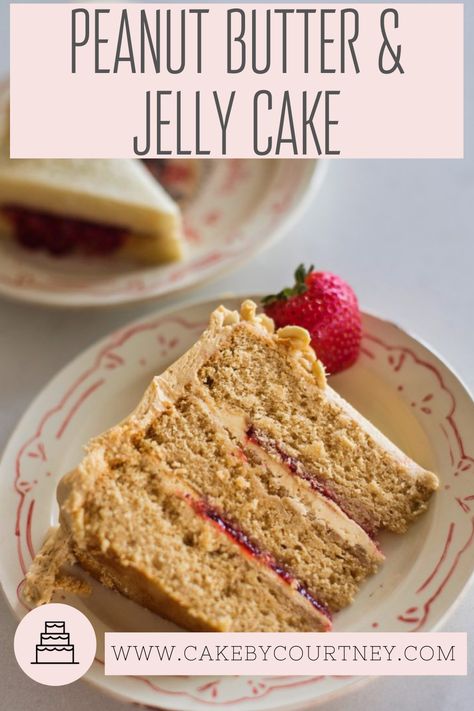 Peanut Butter and Jelly Cake - Peanut butter cake layers with homemade strawberry jam and peanut butter frosting. Yum! www.cakebycourtney.com Peanut Butter And Jelly Cake Recipe, Insane Desserts, Peanut Butter Jelly Cake, Peanut Butter And Jelly Cake, Peanut Butter Jelly Recipes, Cake Peanut Butter, Cake By Courtney, Peanut Butter Jelly Time, Texas Sheet