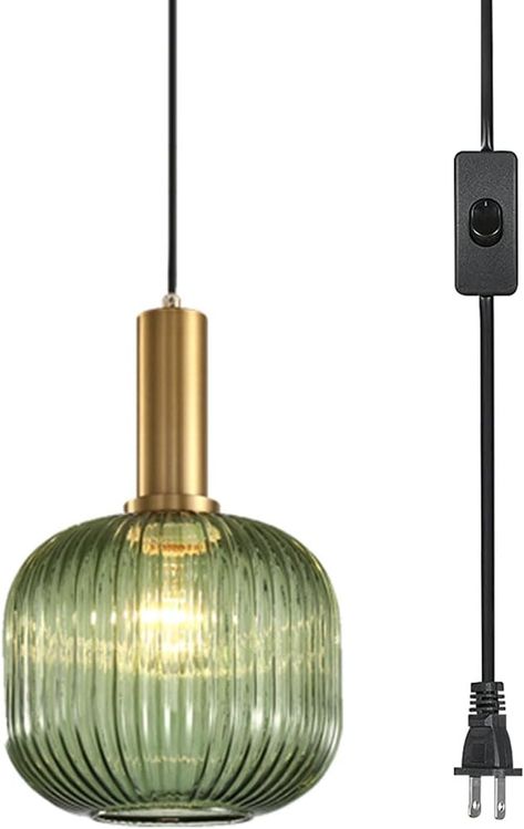 Pobllem Mid Century Modern Pendant Light 1-Light Gold Chandelier Ceiling Light Fixtures with Classic Striped Lantern Design, Plug in Hanging Light for Bedroom Living Dining Room Hallway (Green) - Amazon.com Plug In Hanging Light, Green Pendant Light, Drop Ceiling Lighting, Glass Shade Pendant Light, Mid Century Modern Chandelier, Plug In Pendant Light, Luminaire Vintage, Hanging Lamp Shade, Hanging Ceiling Lamps