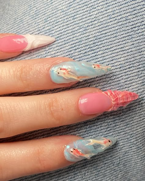 Koi fish inspired nails 🌅🫧🐠🧡 #koifishnails #nails #nailsnailsnails #nailsofinstagram #nailart Cute Polygel Nail Ideas, Koi Fish Nail Design, Fish Inspired Nails, Koi Fish Nails, Aquarium Nails, Fish Nails, Coy Fish, Beach Nail Art, Beach Nail