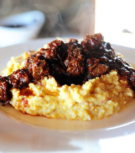 Spicy Stewed Beef with Creamy Cheddar Grits, this decadent meal will put a smile on your man's face! @Reena Dasani Drummond | The Pioneer Woman #manfood #grits Slow Cooked Beef Cheeks, Cheddar Grits, Stewed Beef, Braised Lamb Shanks, Meat And Potatoes, Braised Lamb, Cheese Grits, Beef Cheeks, Slow Cooked Beef