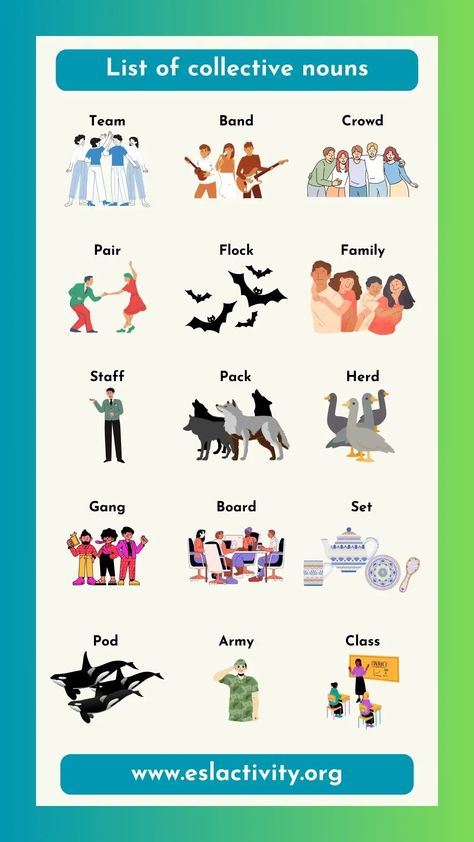 Check out this list of collective nouns. Have some fun learning the names of groups of things in English. #noun #nouns #collective #collectivenoun #collectivenouns #learnenglish #english #learningenglish Toefl Preparation, Toefl Vocabulary, Basic English Grammar Book, Ielts Vocabulary, Esl Learning, Army Band, Ielts Preparation, Tree Costume, Animal Collective