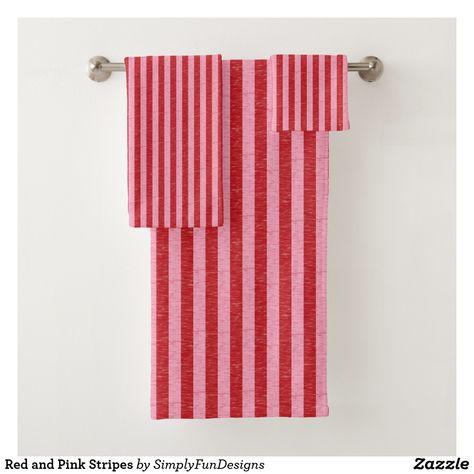 Red and Pink Stripes Bath Towel Set #towels #bathtowel #handtowel #washcloth #bathroom #homedecor #interiordesign Pink Hand Towels, Striped Bath Towels, Pink Bathroom Decor, Red Towels, Pink Baths, Bathroom Red, Bathroom Redo, Striped Towels, Pink Bathroom