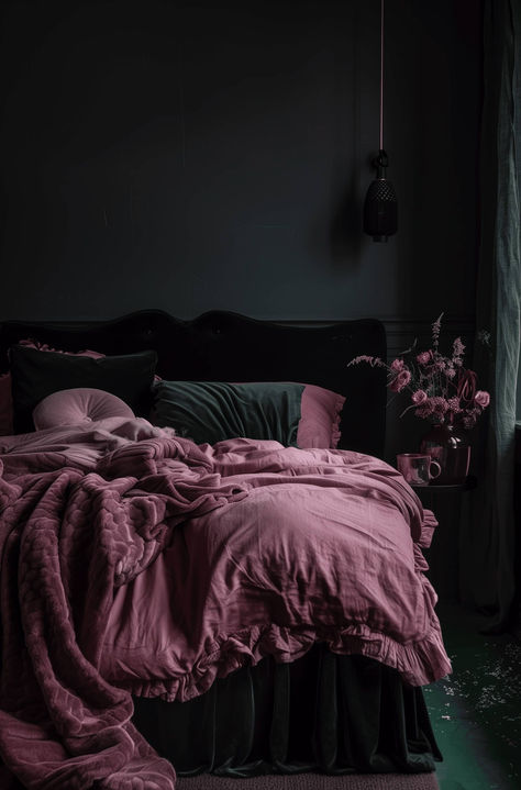 Pink, gray, and black color palette for a moody vibe #homedecor Dark Bedroom Ideas Cozy, Bedroom Ideas Cozy Romantic, Black And Pink Room Ideas, Black And Pink Room, Cozy Romantic Bedroom, Pink Room Ideas, Dark Romantic Bedroom, Dark Feminine Bedroom, Dreamy Interior