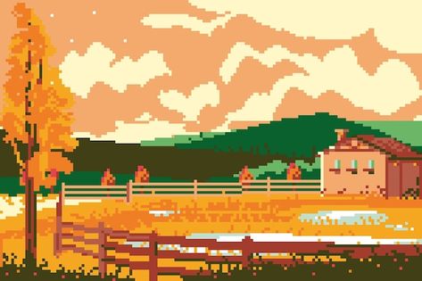 Vector pixel art background of autumnal ... | Premium Vector #Freepik #vector #autumn #autumn-background #fall #fall-season Farm Pixel Art, Pixel Art Autumn, Autumn Pixel Art, Pixel Background, Background Fall, Videogame Art, Farm Pictures, Pixel Art Background, Autumn Background