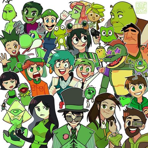 Characters By Colors, Give Me Six Characters To Draw, The Green Character, Green Drawing Ideas, Green Cartoon Characters, Halloween Profile Pictures, Cool Cartoon Characters, Character Art Cartoon, Color Characters