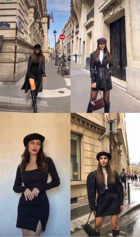 Black Dress Parisian Style, Women’s European Fashion Summer, Classy Outfits With Hats, Winter Outfit With Beret Hat, Punk Beret Outfit, Winter Fashion Show Outfit, Beret Outfit Women, Fancy Restaurant Outfit Ideas, Plaza Core Outfits