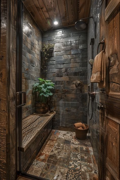 Wood Stove In Bathroom, Rustic Walk In Shower Ideas Stone, Alley Bathroom Ideas, Bathtub And Shower Design Inspiration, Minnesota Cabin Decor, Cabin House Bathroom, Moody Rustic Bathroom, Biophilic Design Bathroom, Rustic House Bathroom