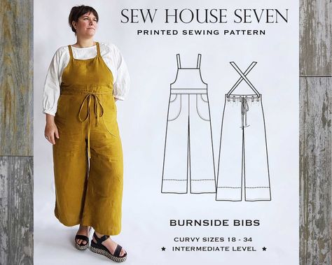 The classic Burnside Bibs in plus sizes 18-34! These versatile overalls have so many customizable details: straight vs. scooped bib, tapered vs. gathered waist, cropped vs. full length legs. The including straps go over the shoulders and then thread through the back waist belt, making the waist highly adjustable. They look great in a whole range of fabrics, from fancy and flowy to crisp and sturdy.  This is a printed sewing pattern, which includes an instructions booklet and sizes 18-34 printed Overalls Outfit Plus Size, Burnside Bibs, Linen Sewing Patterns, Sewing Patterns Plus Size, High Waisted Overalls, Belt Making, Overalls Outfit, Challis Fabric, Instructions Booklet