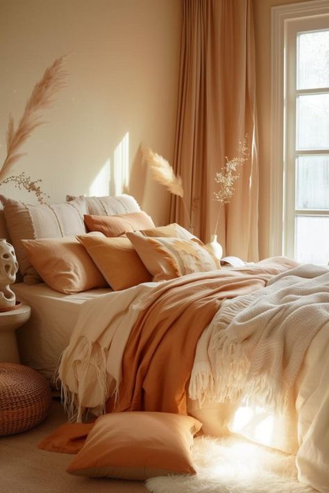 Peach Boho Bedroom, Light Orange Bedroom, Peach Room Ideas, Warm Cosy Bedroom Ideas, Apricot Bedroom, Peach Bedrooms, Women Room Ideas, Peachy Bedroom, Modern Pastel Bedroom