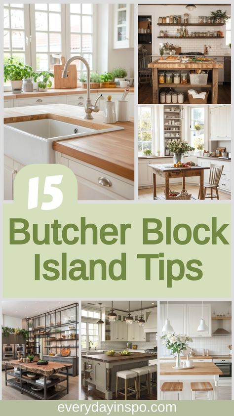 Transform your kitchen with these tips to create a stunning butcher block island. White Cabinets Butcher Block Counter, Diy Butcher Block Island, Kitchen Butcher Block Island, Farmhouse Kitchen Butcher Block, Butcher Block Islands, Diy Butcher Block Countertops, Butcher Block Kitchen Island, Diy Butcher Block, White Brick Fireplace