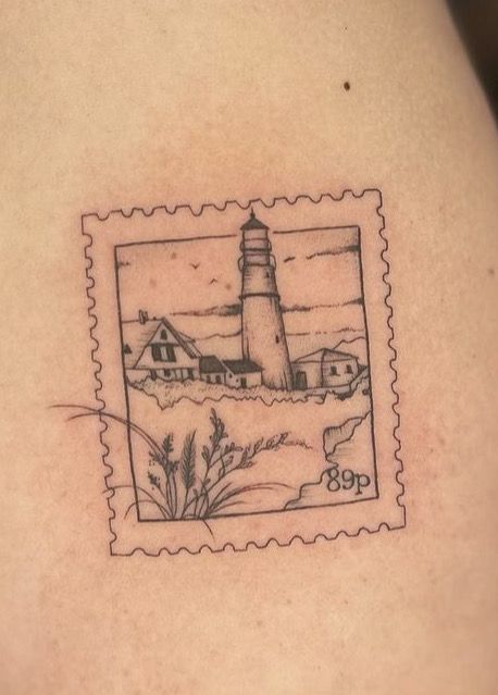 Dirigo Maine Tattoo, Lighthouse Spine Tattoo, Michigan Postage Stamp Tattoo, Stamp Tattoo Lighthouse, Navy American Traditional Tattoo, New Jersey Stamp Tattoo, Lobster Boat Tattoo, Cornish Tattoo Designs, Maine Themed Tattoo