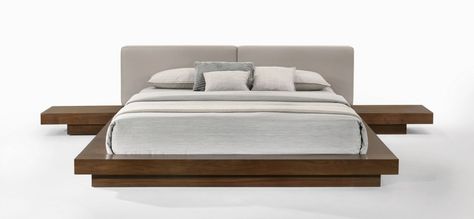 Modrest Tokyo - Contemporary Walnut and Grey Platform Bed - Beds - Bedroom Grey Platform Bed, Contemporary Platform Bed, Fabric Upholstered Bed, Walnut Bed, Low Profile Bed, Modern Style Bedroom, Wood Platform Bed Frame, Leather Headboard, Bed Queen