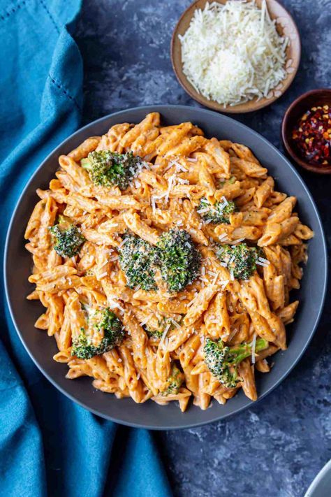 Creamy Tomato Sauce Pasta with Broccoli - Shweta in the Kitchen Tomato Sauce Pasta, Creamy Garlic Pasta, Pasta With Broccoli, Creamy Tomato Pasta, One Pot Pasta Recipes, Sauce Pasta, Tomato Pasta Sauce, Broccoli Pasta, Creamy Tomato Sauce