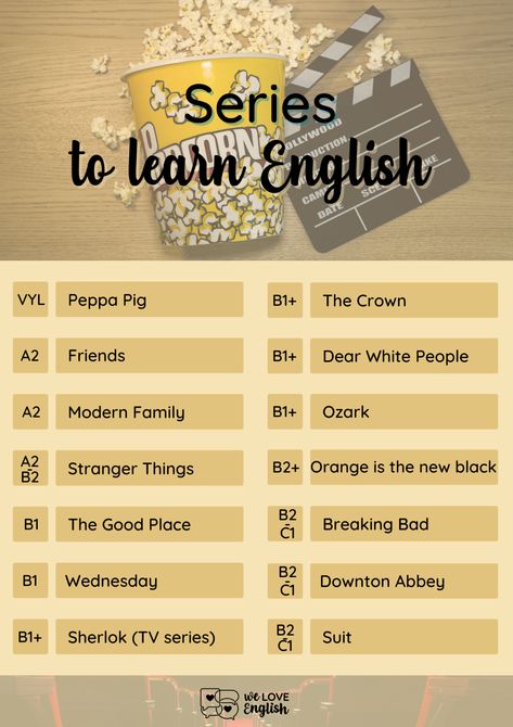 🎬 In summer, we usually have more free time, so here you have some series to watch in English and keep on learning while enjoying yourselves. If you have already watched them, why not trying now in English? #welovenglish #funlearning #seriestolearnenglish English Learning Movies, Best English Series To Watch, Learn English With Movies, English Series To Watch, English Series, Series To Watch, To Learn English, English Movies, Name List