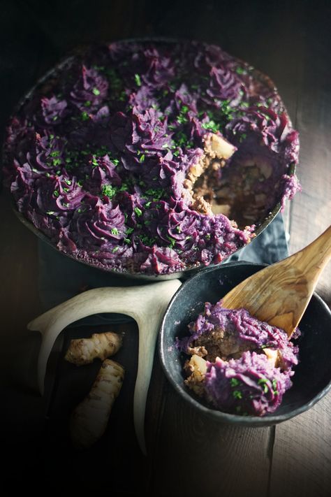 The perfect recipe to shepherd us into fall: a balance of stocking up for winter and making room for rest, all wrapped up in a gloriously purple dinner filled with wild flavor. Purple Potatoes, Purple Food, Halloween Party Dinner, Purple Sweet Potatoes, Fall Recipe, Halloween Dinner, Minced Meat, Wild Plants, A Bridge