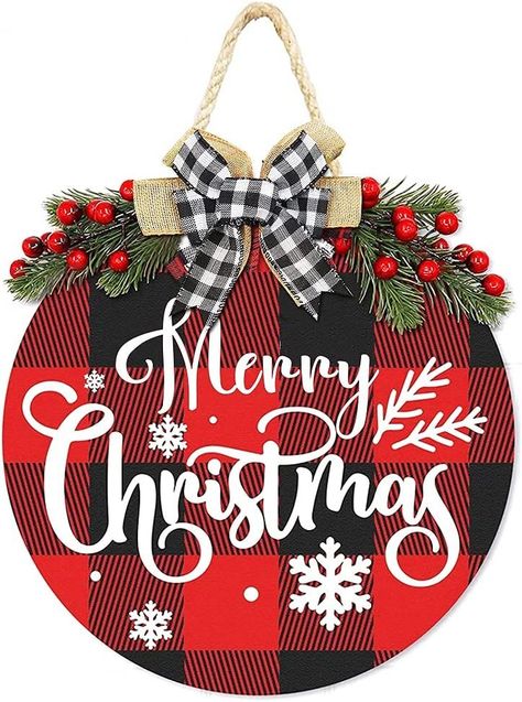 Buffalo Plaid Christmas Decor, Wooden Welcome Signs, Christmas Decorations Wreaths, Outside Decorations, Porte Decorate, Merry Christmas Sign, Christmas Hanging, Merry Christmas Decoration, Buffalo Plaid Christmas