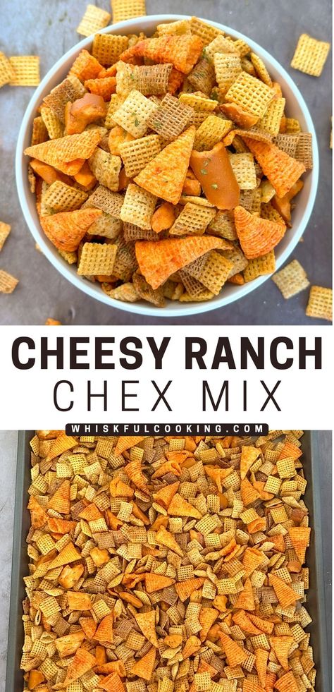 a bowl and baking pan of chex mix. Cheesy Ranch Chex Mix, Chex Party Mix Recipe, Ranch Chex, Ranch Chex Mix, Party Mix Recipe, Chex Party Mix, Cheesy Ranch, Chex Cereal, Chex Mix Recipes